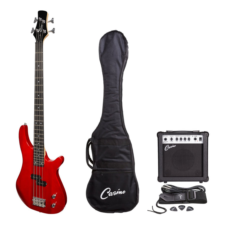 Casino '24 Series' Tune-Style Electric Bass Guitar and 15 Watt Amplifier Pack (Transparent Wine Red)