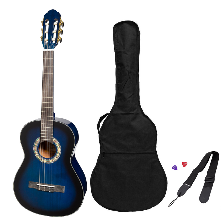 Martinez G-Series 3/4 Size Student Classical Guitar Pack with Built In Tuner (Blue-Gloss)