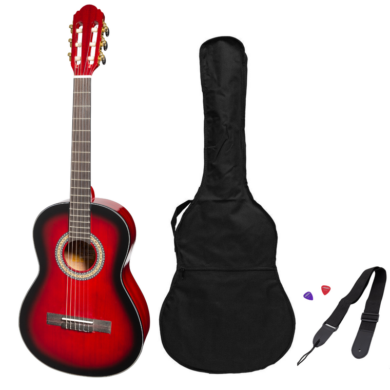 Martinez 'Slim Jim' G-Series 3/4 Size Student Classical Guitar Pack with Built In Tuner (Trans Wine Red-Gloss)