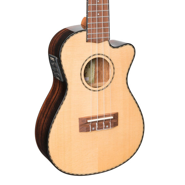 Tiki '22 Series' Spruce Solid Top Electric Cutaway Concert Ukulele with Hard Case (Natural Gloss)