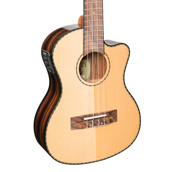 Tiki '22 Series' Spruce Solid Top Electric Cutaway Tenor Ukulele with Hard Case (Natural Gloss)