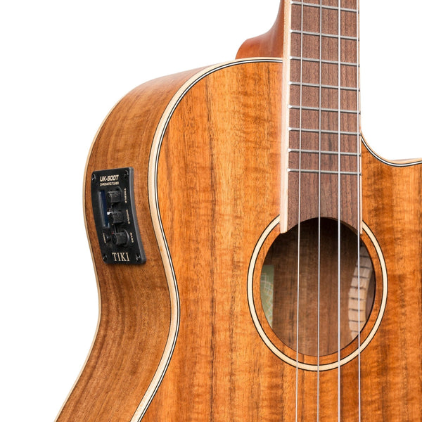 Tiki '9 Series' Koa Solid Top Electric Cutaway Baritone Ukulele with Hard Case (Natural Satin)